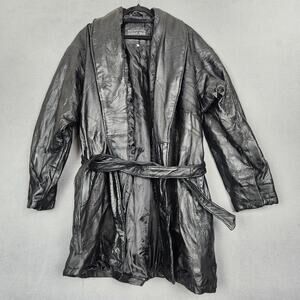 Italian Stone Design Coat Womens 2XL Black Genuine Leather Belted Trench Jacket